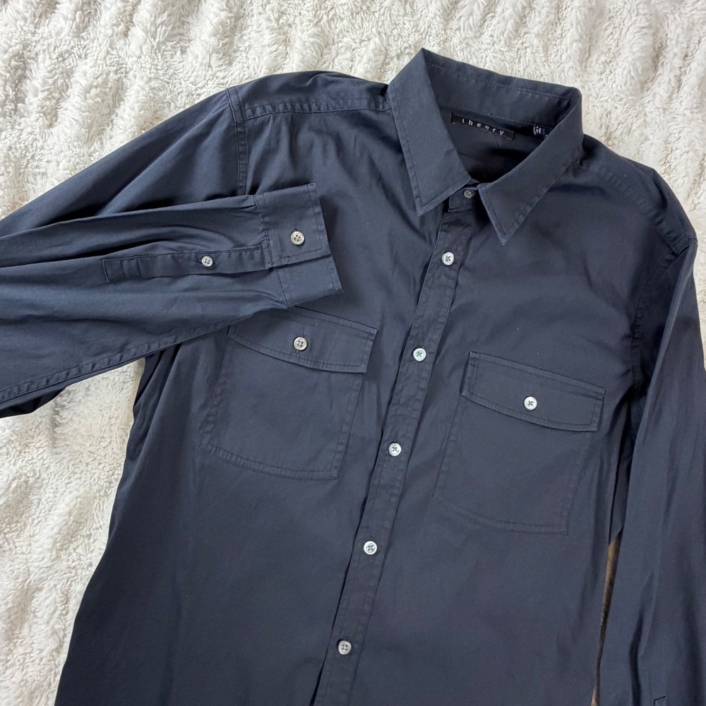 Theory Mens Aumont Wealth Black Button Down Shirt Dual Chest Pockets Size M
